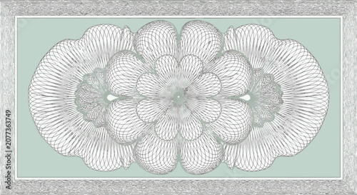 Mint green guilloche pattern with intricate geometric line art, central floral spirograph motif, and security border for certificate background or banknote document design.