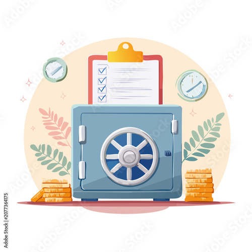 Flat illustration of safe with money, clipboard, and clocks