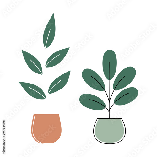 Flat illustration of two potted plants with green leaves
