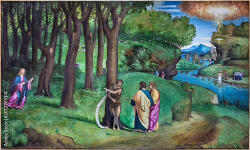 Bergamo - The painting "ecce agnus dei" (St. John the Baptist shows to Christ...