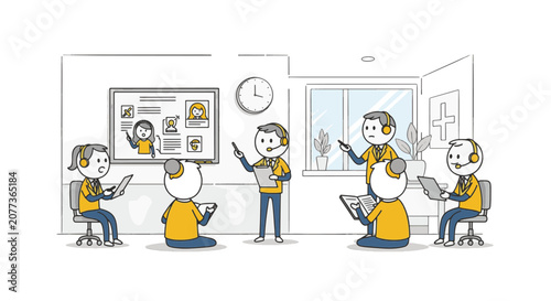 Doodle illustration of a customer service team meeting in an office. Staff wear headsets and yellow shirts while a manager presents data on a whiteboard for training.