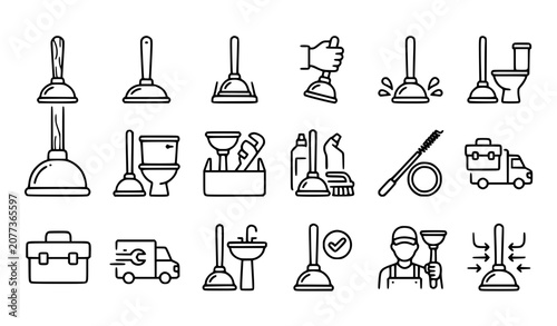 Tableau sur toile Toilet Plunger Bathroom Tool Outline Icon Set EPS10