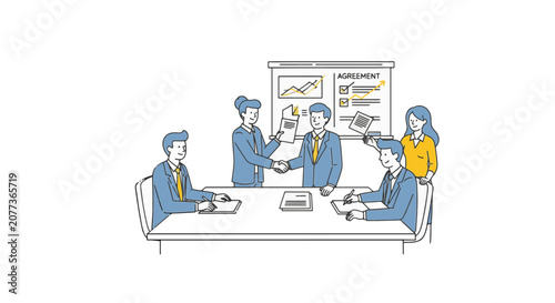 Doodle style illustration of business team partnership featuring professionals shaking hands over a conference table with agreement charts and documents on white background.