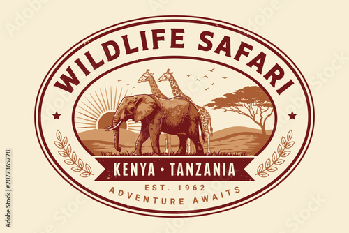 Vintage travel poster of elephants in kenya and tanzania safari adventure