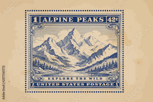 Vintage u.s. postage stamp featuring a detailed engraving of the rugged alpine peaks landscape vintage postage stamp