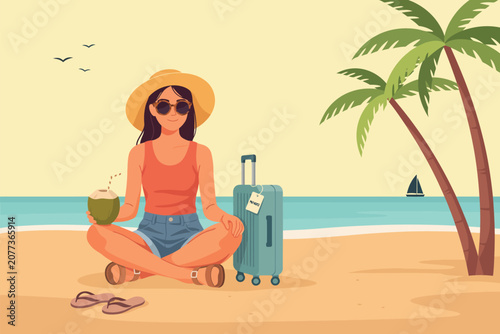 Woman in orange dress sitting on turquoise scooter by palm tree, flat beach