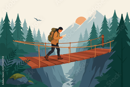 Woman in orange dress standing on wooden bridge with mountain and sunset background, mountains