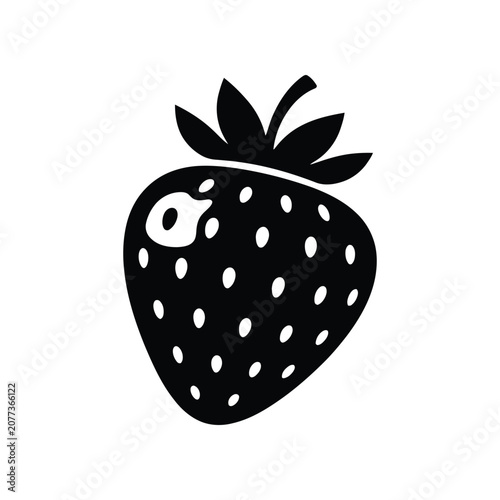 Black and white strawberry icon against a plain background with a minimalist style for design