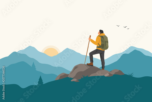 Woman in yellow dress meditating on mountain peak at sunrise, flat meditation yoga pose