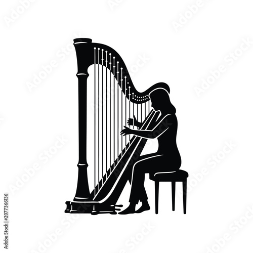 Silhouette woman playing harp with selective focus on strings during classical performance with soft lighting