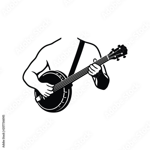 Musician playing banjo with selective focus against a clean white background for country music promotion