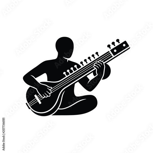 Silhouette musician playing a sitar in a meditative pose with a plain white background