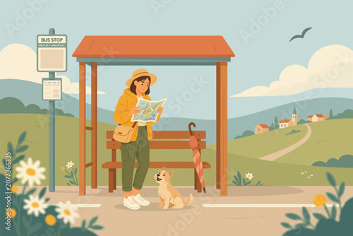 Young girl in yellow dress standing under a red beach umbrella, holding a small dog, seaside background