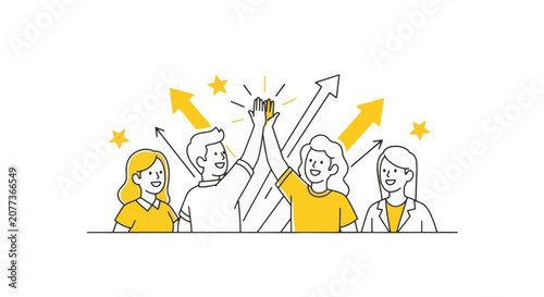 Doodle style vector illustration of a diverse business team celebrating success with high-fives, upward arrows, and stars, minimalist line art with yellow accents on white background.