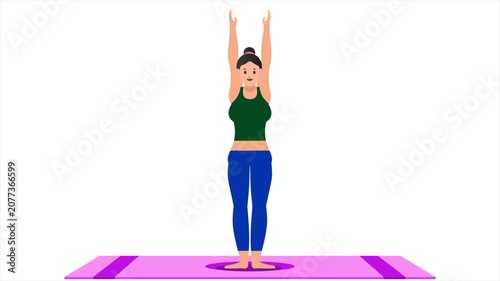 Jumping jacks exercise tutorial, Female workout on mat, 2D Looped animation with young girl character training, hands up and down, Fitness, Gym and exercise concept