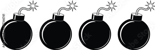 Photos Cartoon Bomb Icon Set with Lit Fuse and Explosion Danger Symbol Vector Illustrat