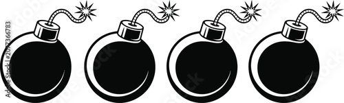 Fotografie Cartoon Bomb Icon Set with Lit Fuse and Explosion Danger Symbol Vector Illustrat