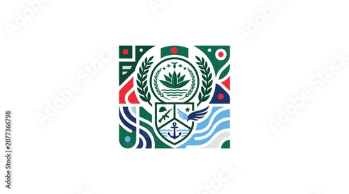 Abstract Geometric Emblem with Nature and Water Motifs