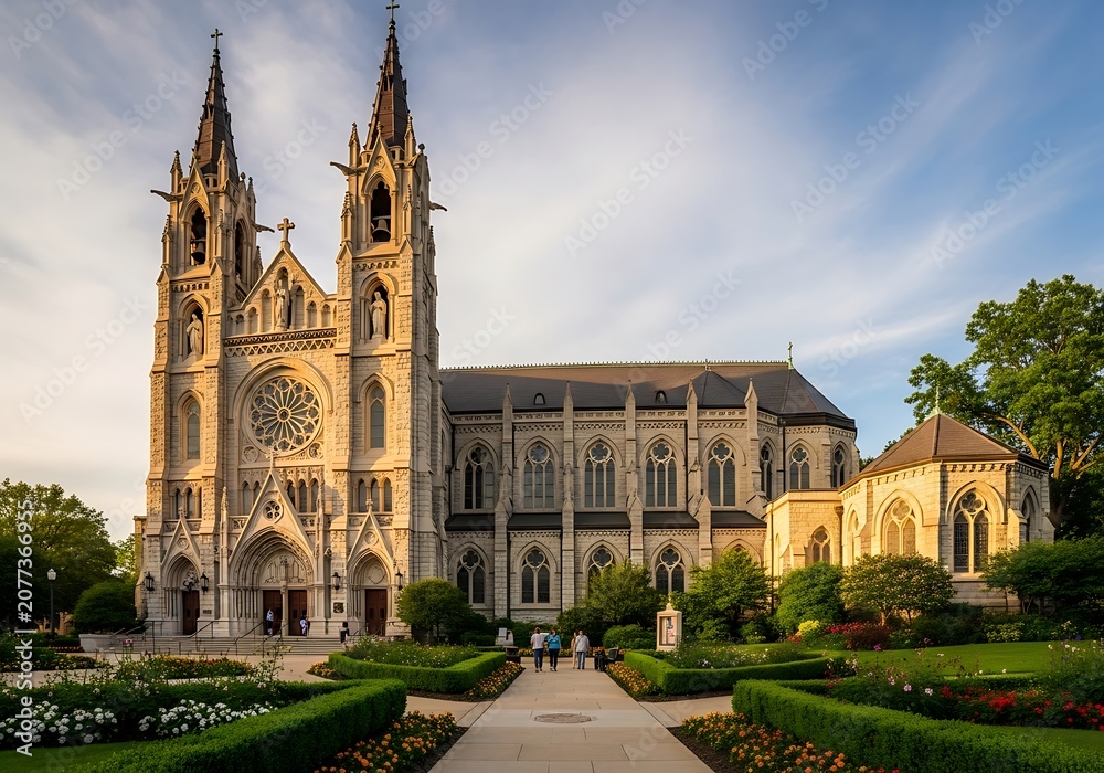Obraz premium Gothic cathedral with historic university building in evening light.