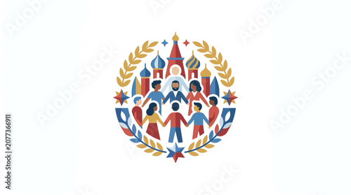 Abstract People Unity Icon with Decorative Castle and Laurel Wreath