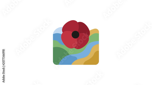 Abstract Red Poppy Flower Over Colorful Landscape Icon