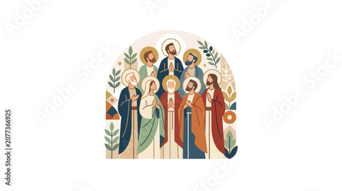 Abstract Religious Saint Icons with Halo and Ornate Background Design