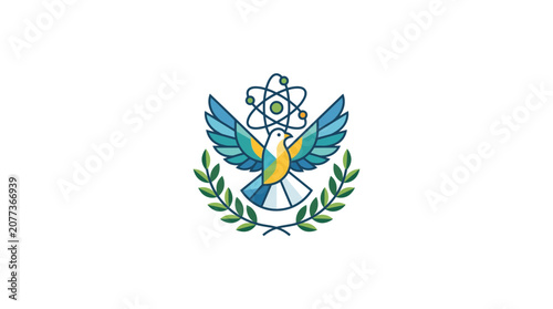 Abstract Science Bird Emblem with Atomic Structure and Laurel Wreath
