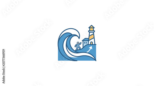Abstract Surfer Riding Wave Near Lighthouse Icon