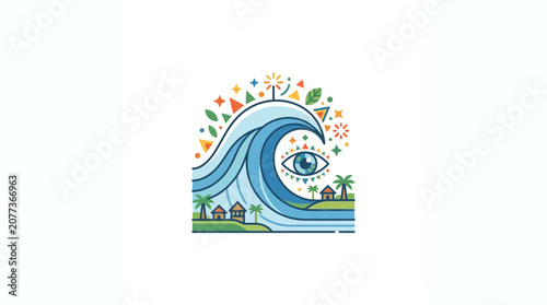 Abstract Wave with Eye and Tropical Landscape Illustration
