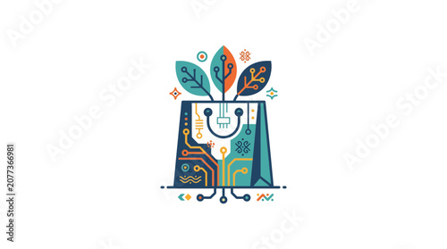 Abstract technology and nature fusion illustration with circuit board and leaves