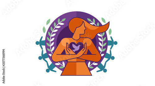 Abstract Woman Holding Heart with Decorative Nature Elements