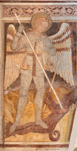 BERGAMO, ITALY - MARCH 21, 2026:  The medieval fresco of Archangel Michael in...