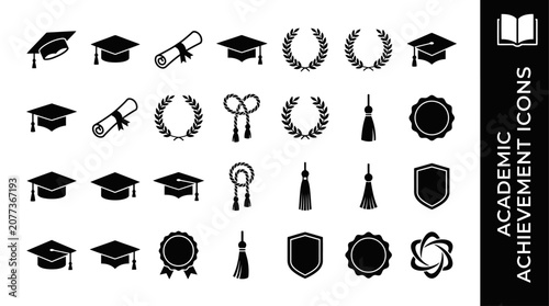 Set of academic achievement silhouette icons featuring graduation caps diploma scrolls laurel wreaths and educational awards for schools (29)