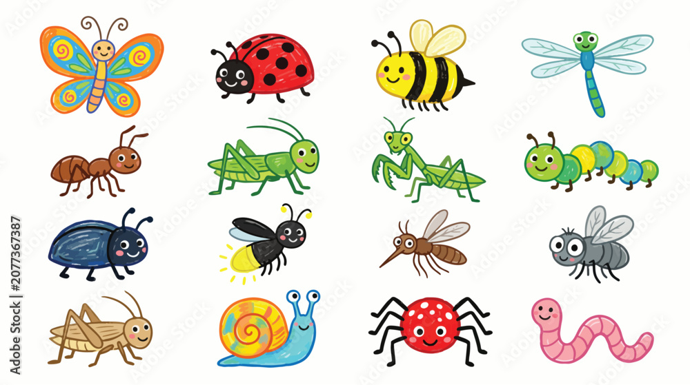 Obraz premium Cute Crayon Garden Insects Collection Hand Drawn Kids Style Vector