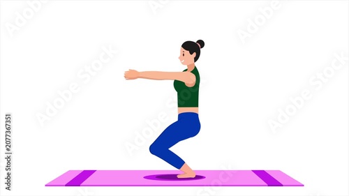 Woman cartoon character workout physical exercise, down with leg up pose on mat, sitting body down and up with starit hands Flat Motion Graphics, Fitness and exercise