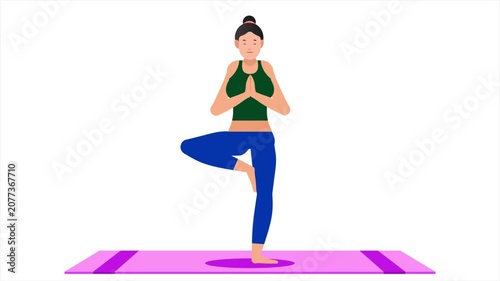 Woman Practicing Tree Pose Yoga Animation | Balance Meditation Fitness Motion Graphic | Flat Character Exercise Loop