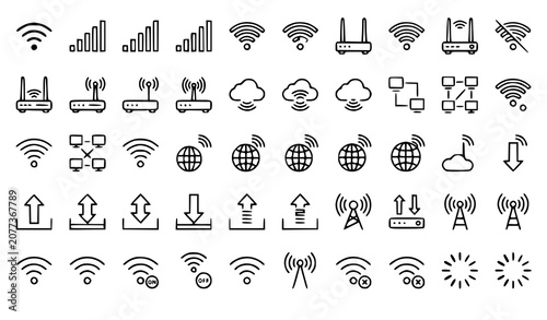 Tableau sur toile Wireless WiFi Signal Outline Icon Collection Technology Vector Set