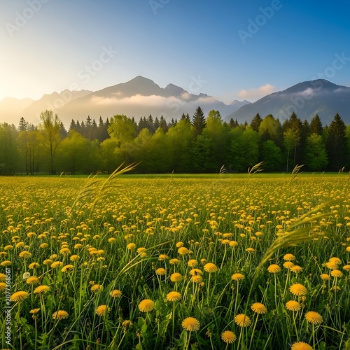 Golden sunlit rapeseed field with mountain backdrop.
