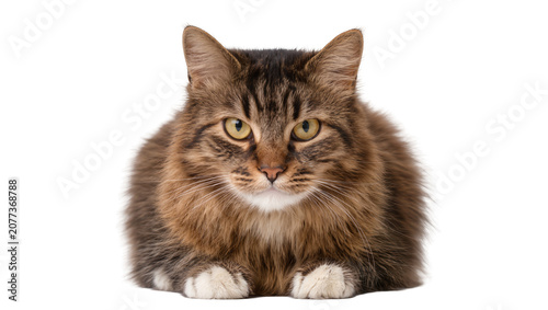 Fotografie Fluffy brown tabby cat with yellow eyes looking forward
