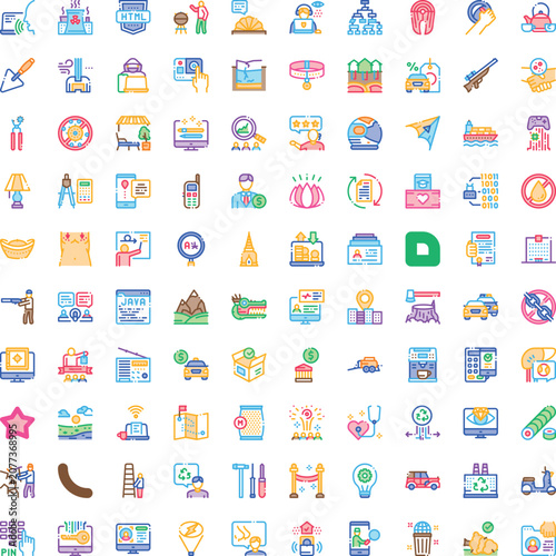 Obraz na płótnie Large group of modern outline icons illustrating various themes including techno