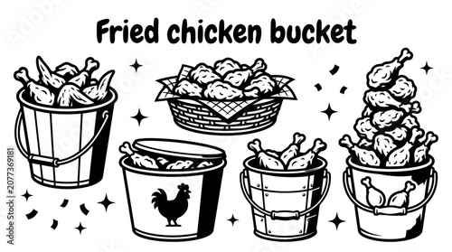Photography Fried chicken bucket isolated vector set, southern American comfort food and res