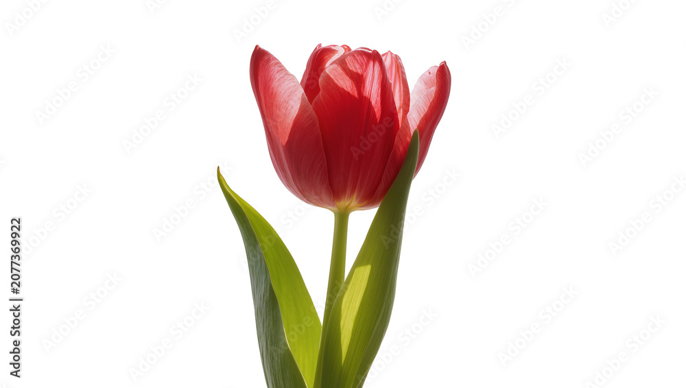Fototapeta premium Red tulip flower with green leaves