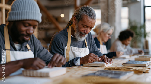 hand-sewn bookbinding class in progress at a long workshop table where adult students pull linen thread through folded signatures under instructor supervision, finished sample