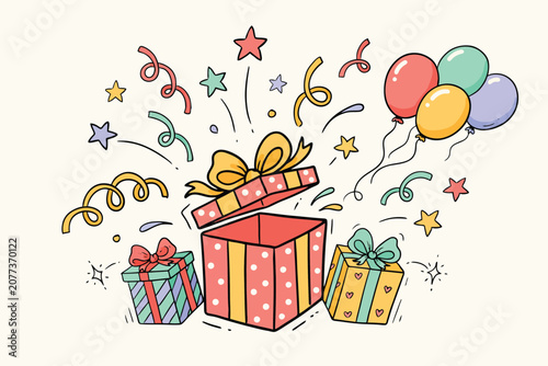 A vibrant doodle of a gift box surrounded by colorful balloons, stars, and confetti wrapped present red ribbon