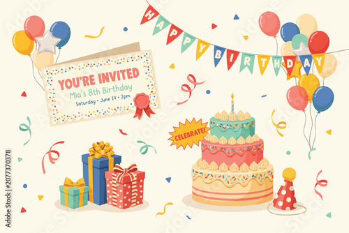 Bright and colorful flat birthday party invitation with confetti, balloons, gifts, and cake birthday invitation