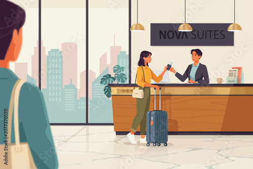 Business professionals shaking hands at a modern office reception with branded signage handshake modern interior