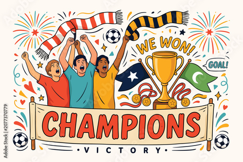 Celebratory of a soccer team a trophy, with confetti and 