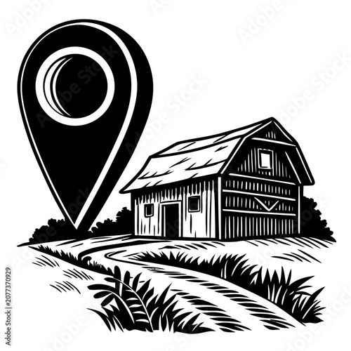 Graphic illustration of rustic barn building landscape scene with a location marker pin icon.