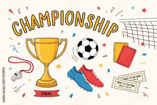 Championship trophy, medals, confetti, and sports gear for a celebratory sports final event gold cup