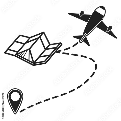 Airplane flying from location marker to folded paper map for international flight travel plan.